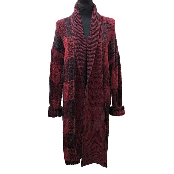 Lucky Brand Open Wear Red Black Checkered Boucle Cardigan Sweater Size M - Picture 4 of 16